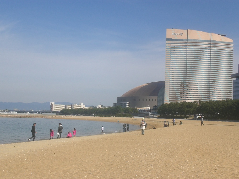 Cette plage est entourée de bâtiments très modernes