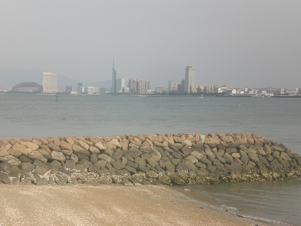 Vue sur la ville de Fukuoka et sa tour: le temps est brumeux, le soleil ne s'est pas encore montré