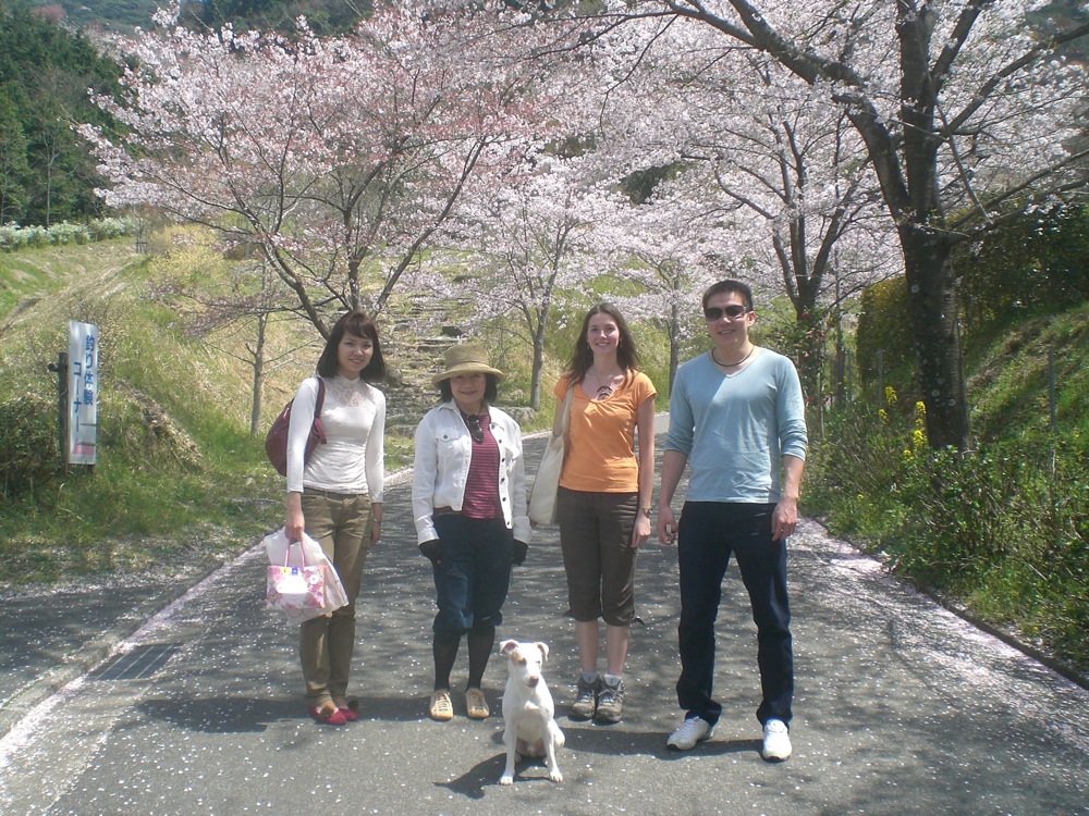 Dimanche sous les cerisiers: Sulen, Ookabe sensei, Mugi et Carlo qui pose sous les yeux ébahis de nos amis!