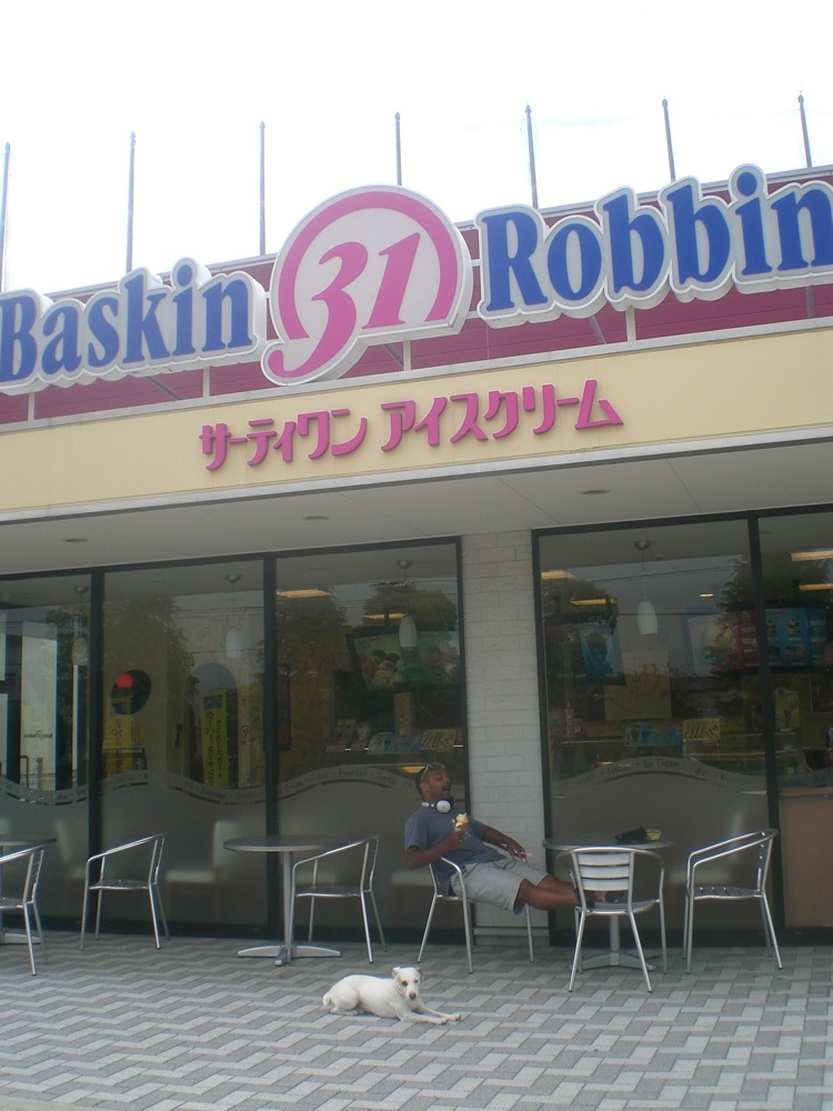 Pas besoin de parler pour se comprendre: ce BaskinRobbin, fabuleux magasin de glaces, sur notre route, attire irrésistiblement nos 2 vélos!