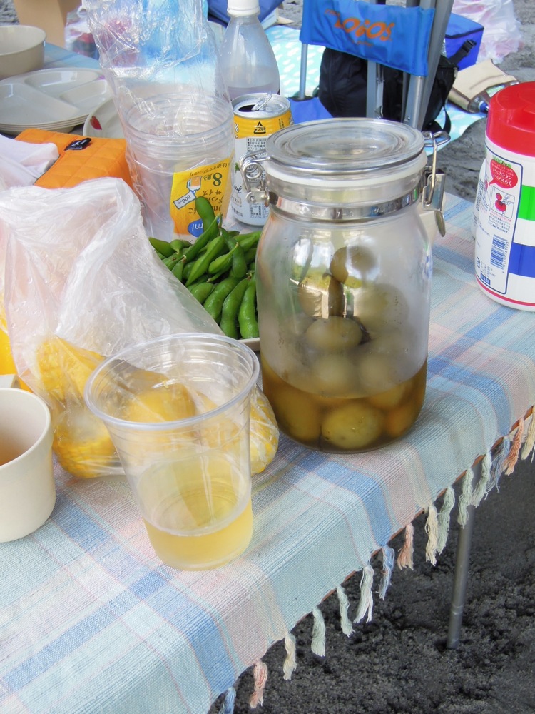 Barbecue: alcool fait maison à base de prunes (vertes/jaunes) japonaises (macérées dans du shochu avec du sucre): Umeshu. À boire pur, avec des glaçons ou de la limonade, c'est très bon!